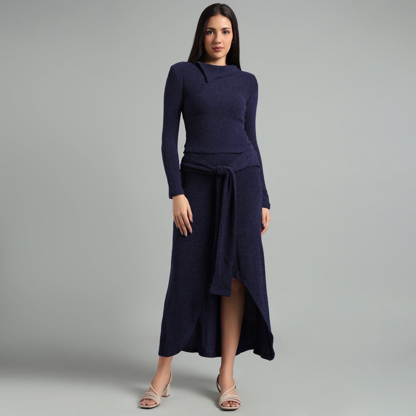 Chic Ribbed Knit Co-Ord Set | Long Sleeve & Asymmetric Skirt