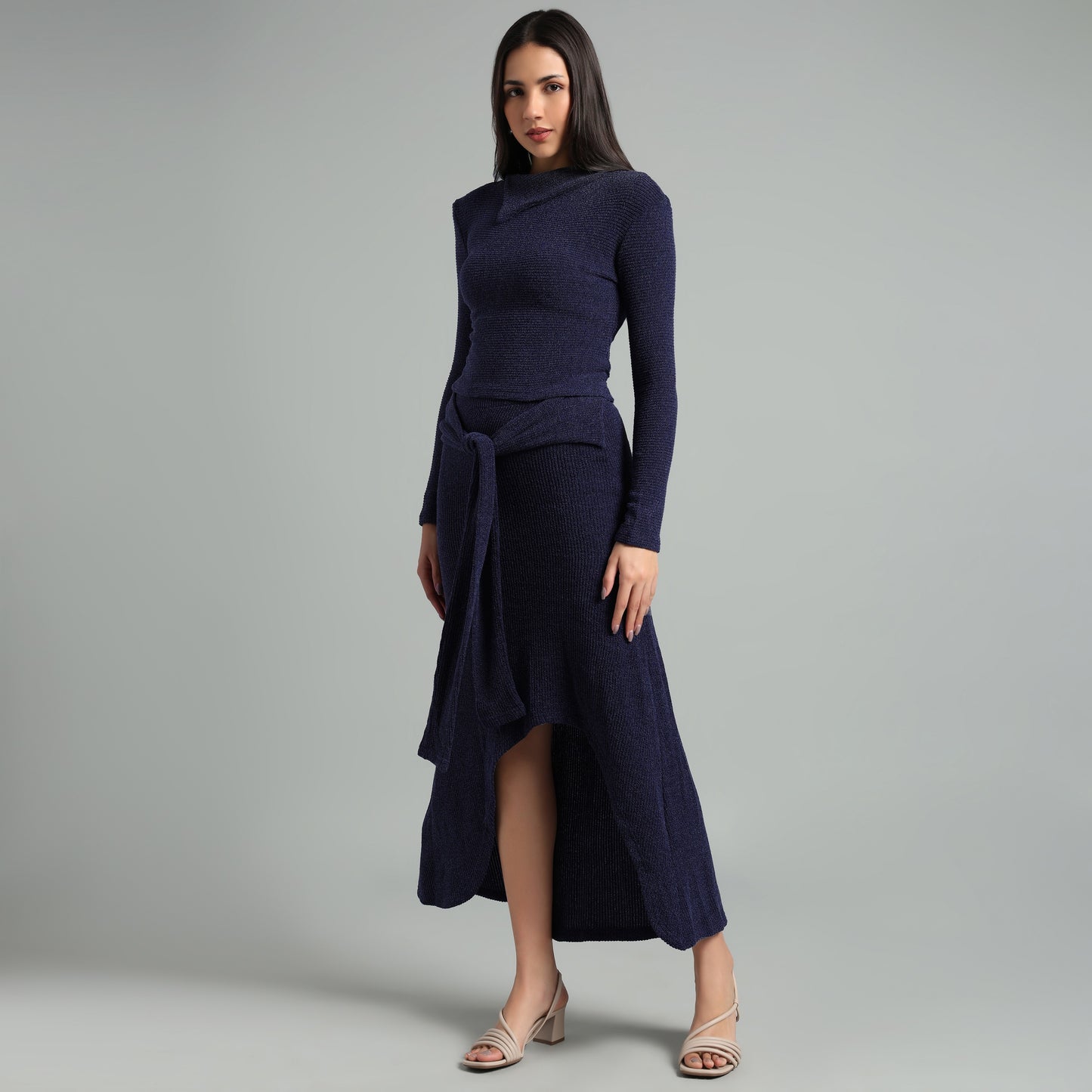 Chic Ribbed Knit Co-Ord Set | Long Sleeve & Asymmetric Skirt