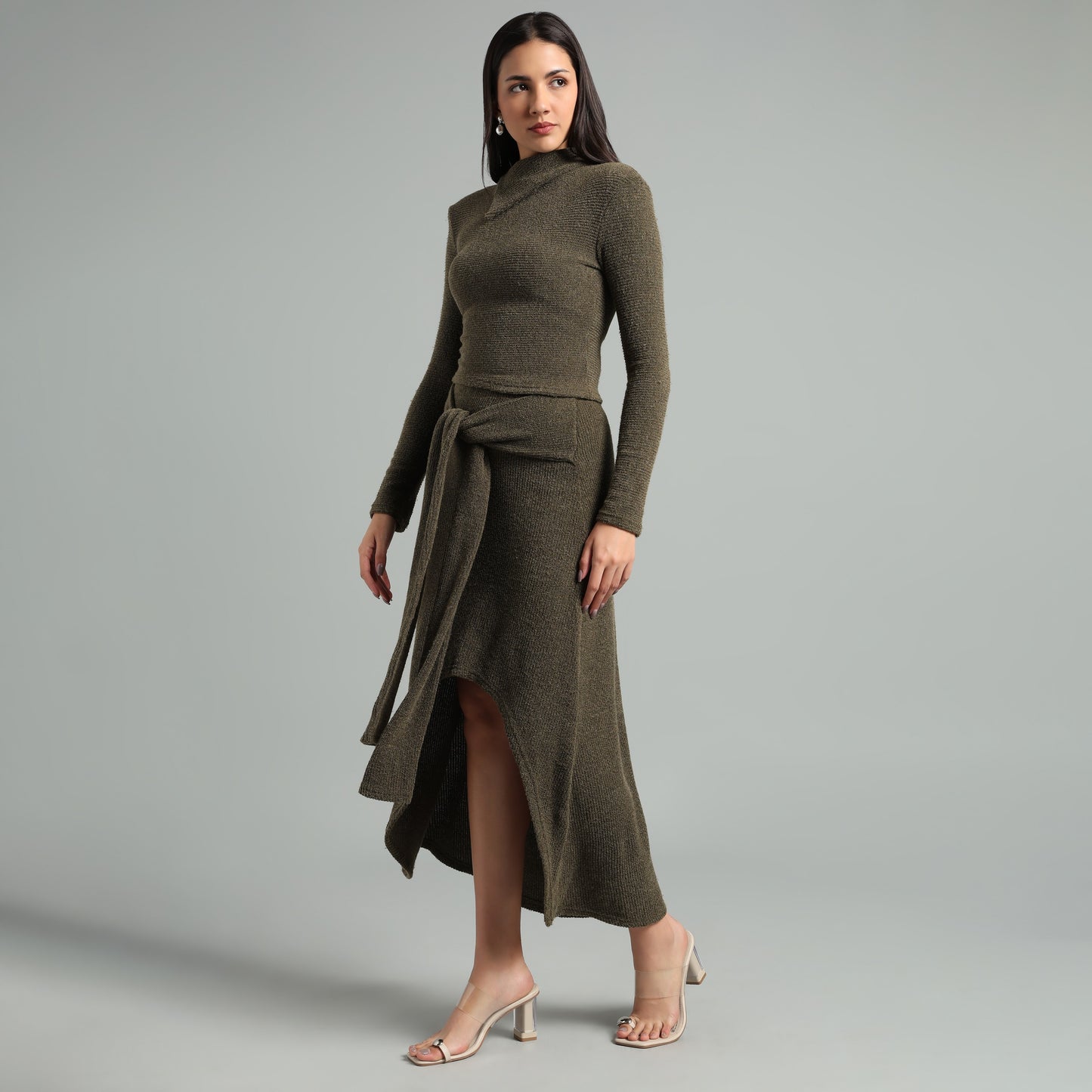 Chic Ribbed Knit Co-Ord Set | Long Sleeve & Asymmetric Skirt