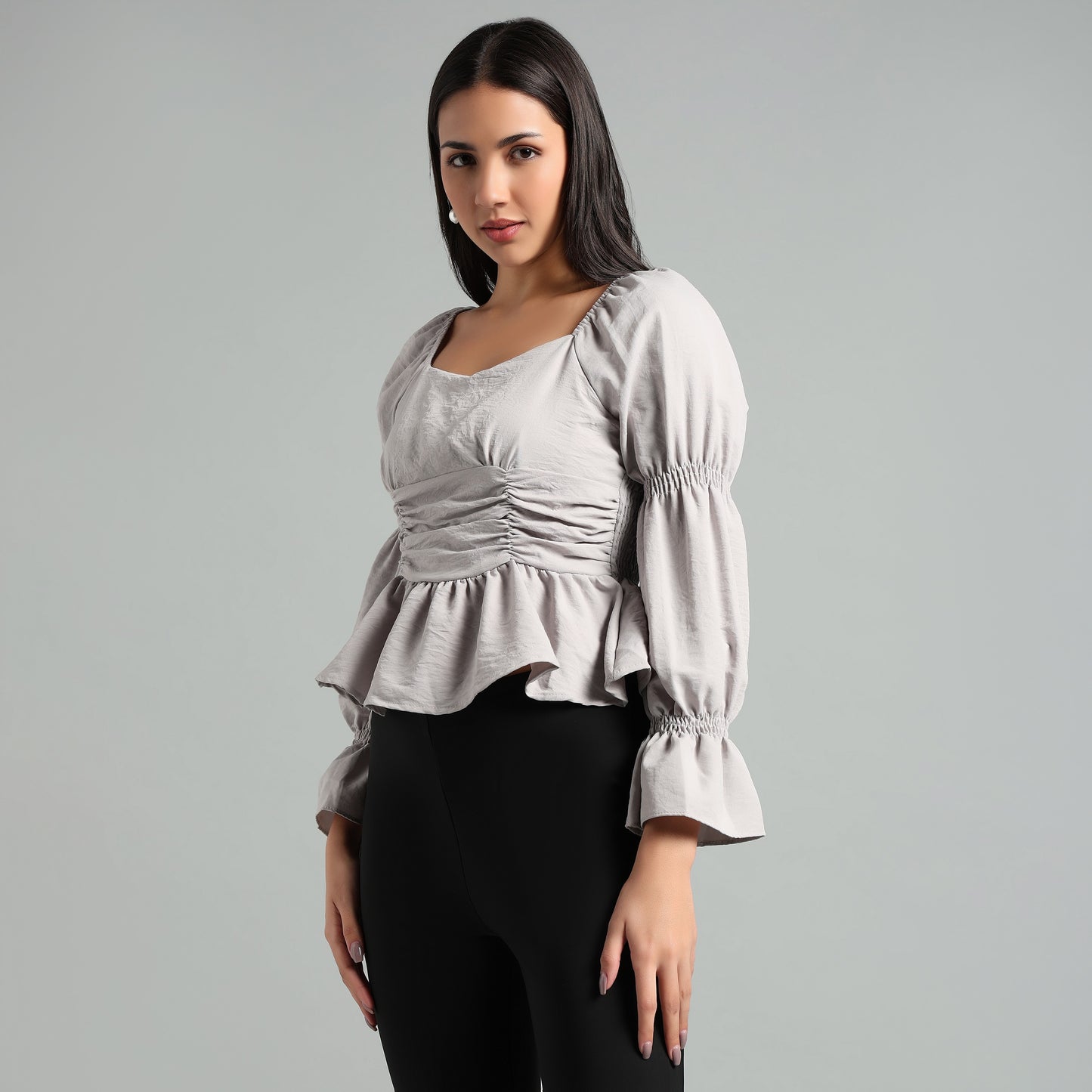 Chic Grey Square Neck Peplum Top