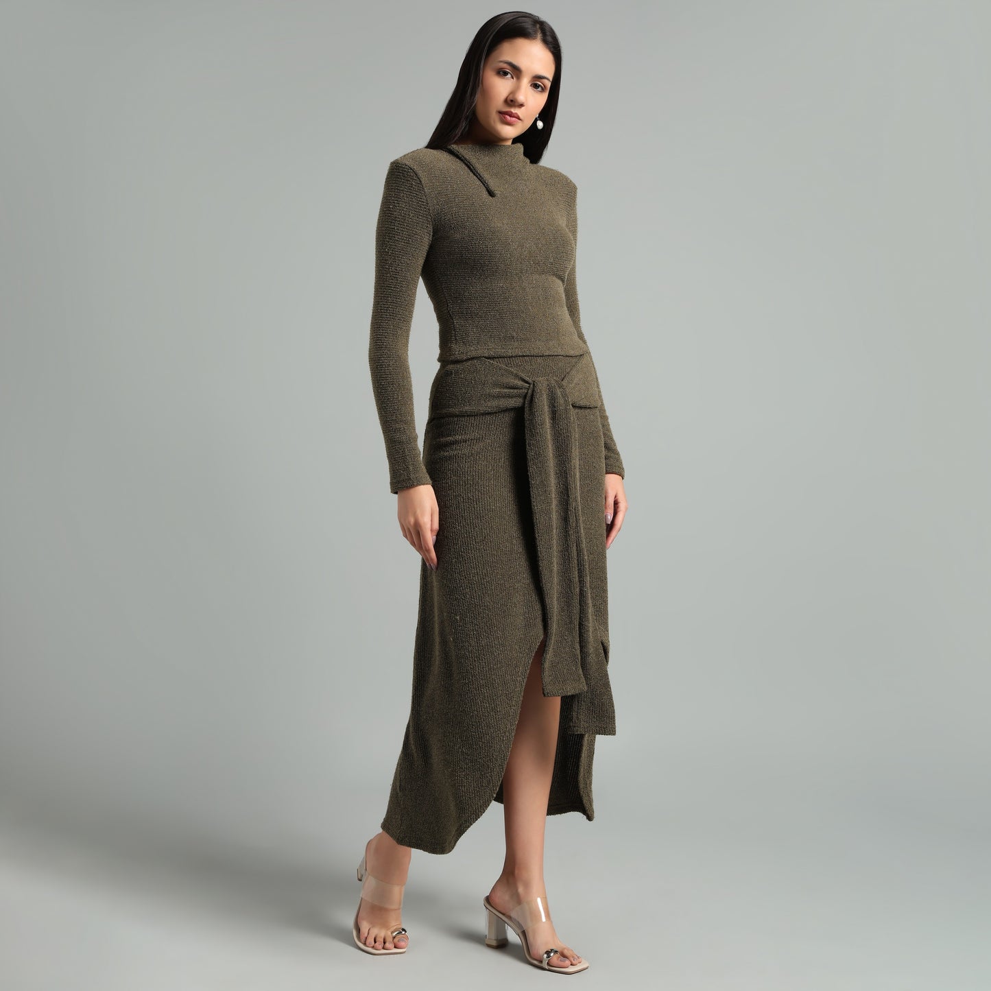 Chic Ribbed Knit Co-Ord Set | Long Sleeve & Asymmetric Skirt