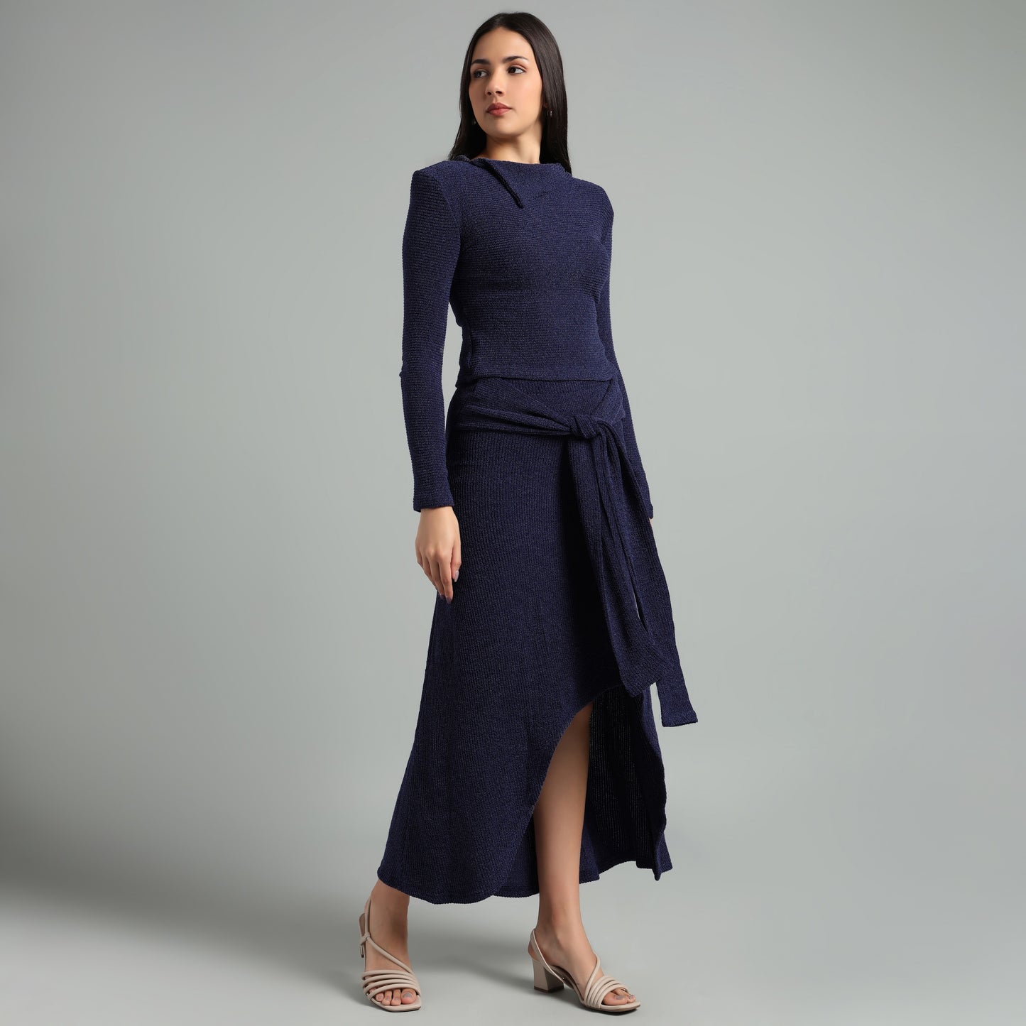 Chic Ribbed Knit Co-Ord Set | Long Sleeve & Asymmetric Skirt
