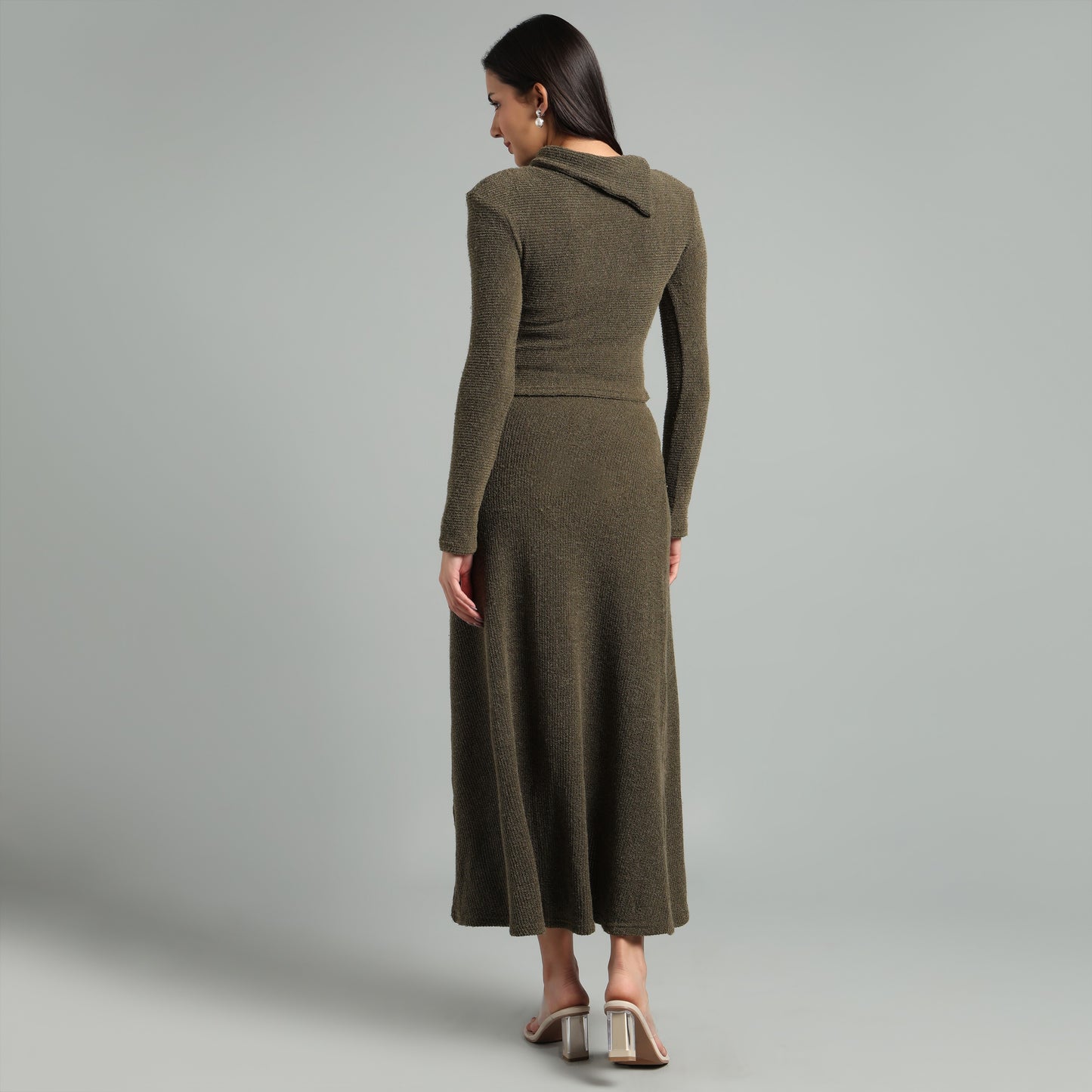 Chic Ribbed Knit Co-Ord Set | Long Sleeve & Asymmetric Skirt
