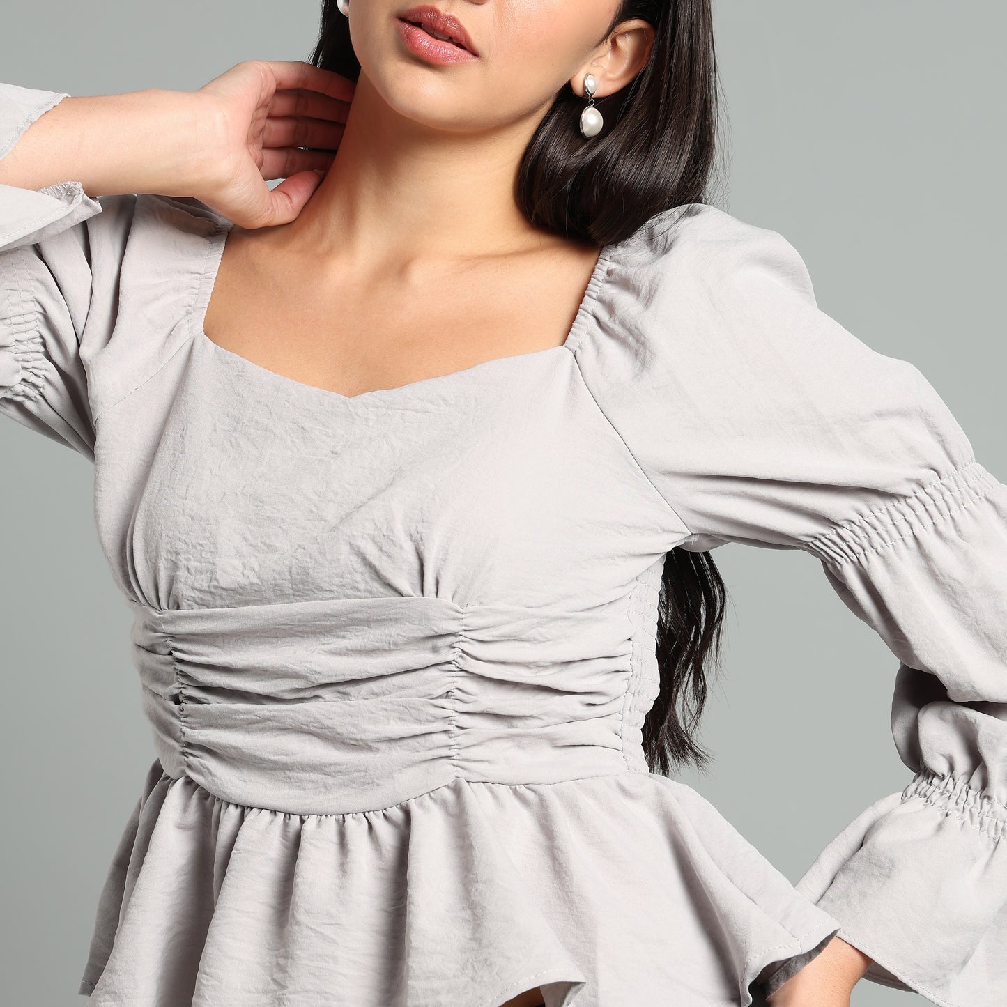 Chic Grey Square Neck Peplum Top