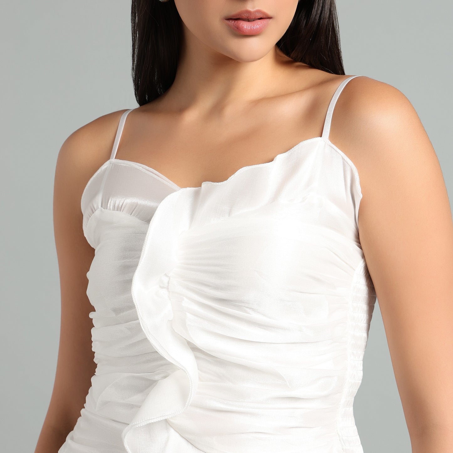 Stylish Spaghetti Strap Ruched Ruffle Detail Top