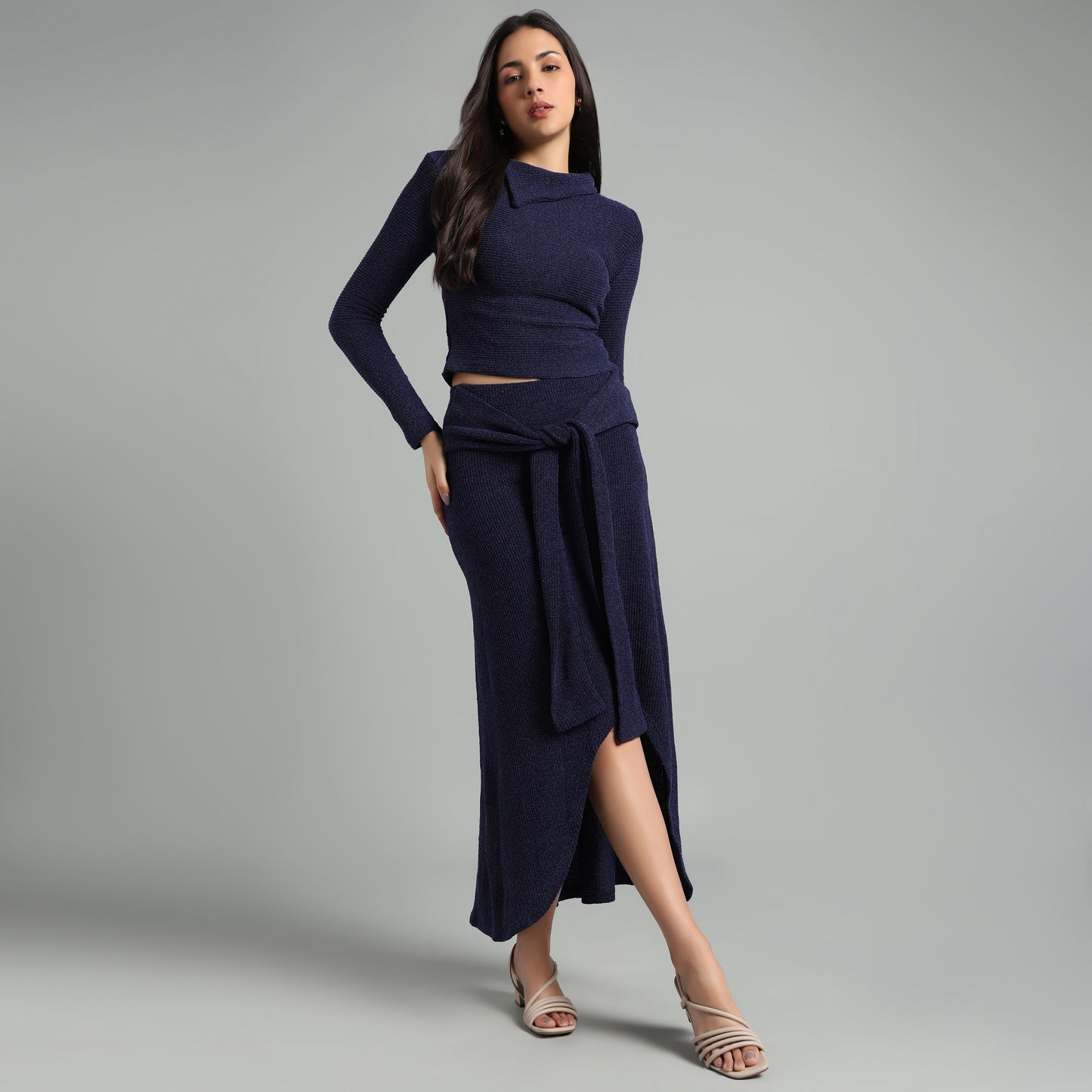 Chic Ribbed Knit Co-Ord Set | Long Sleeve & Asymmetric Skirt