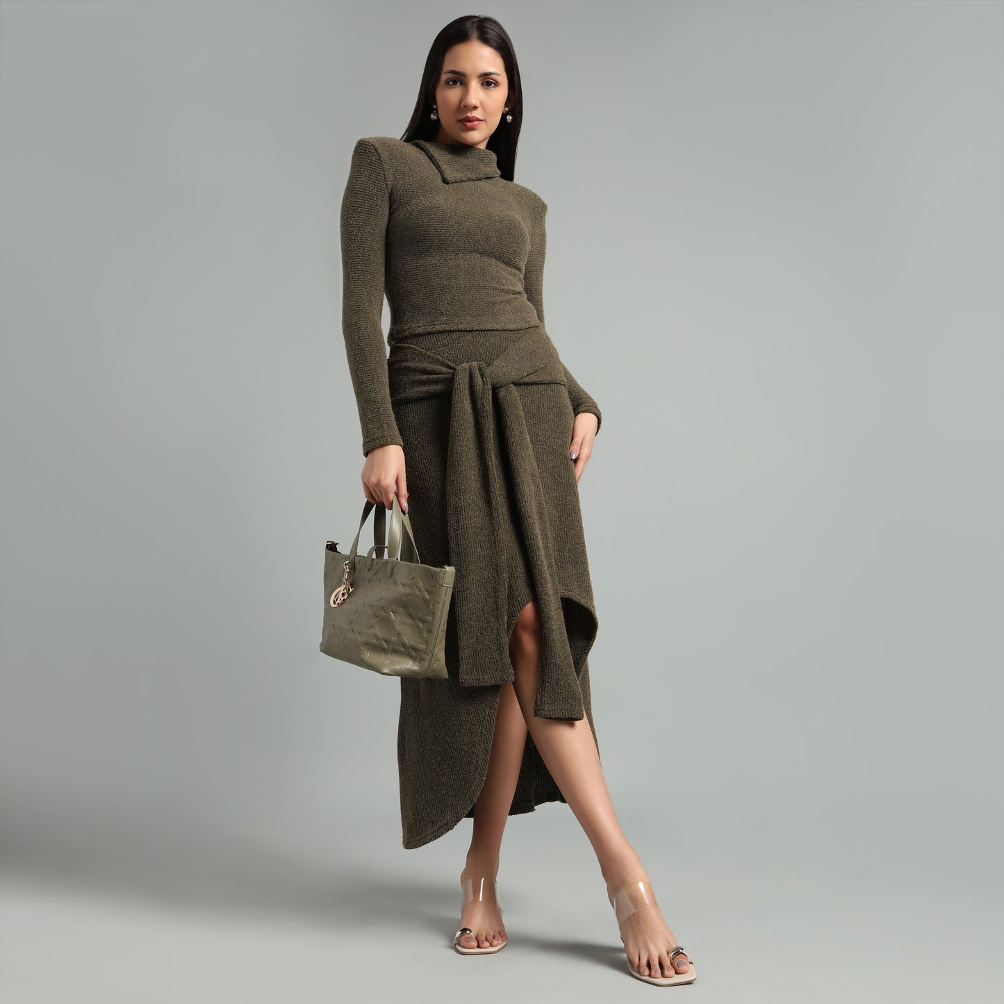 Chic Ribbed Knit Co-Ord Set | Long Sleeve & Asymmetric Skirt