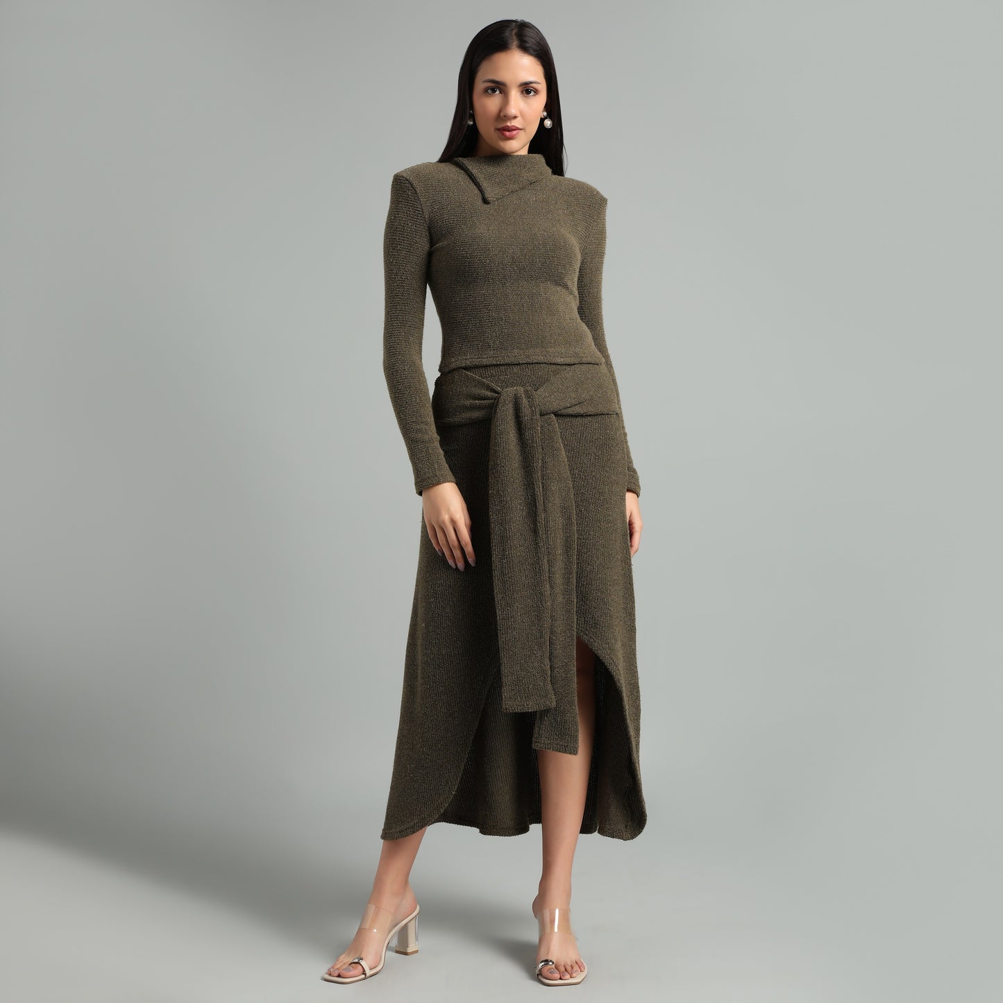 Chic Ribbed Knit Co-Ord Set | Long Sleeve & Asymmetric Skirt