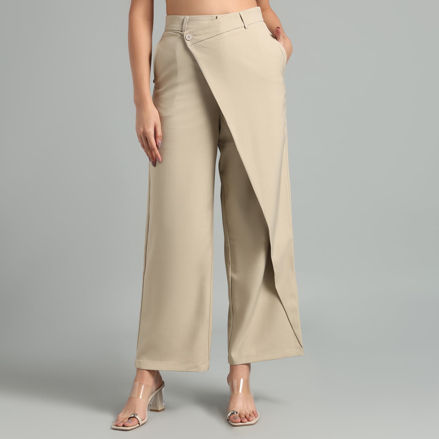 High-Waisted Beige Asymmetrical Skirt Detail Trousers