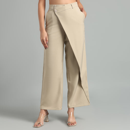 High-Waisted Beige Asymmetrical Skirt Detail Trousers
