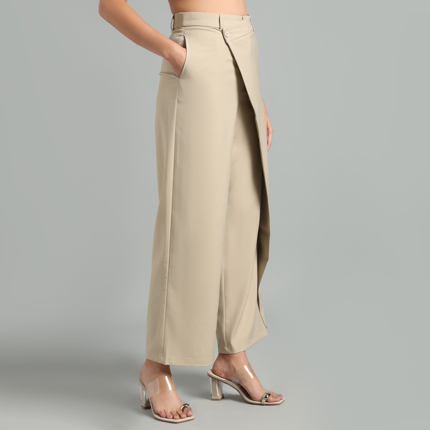 High-Waisted Beige Asymmetrical Skirt Detail Trousers