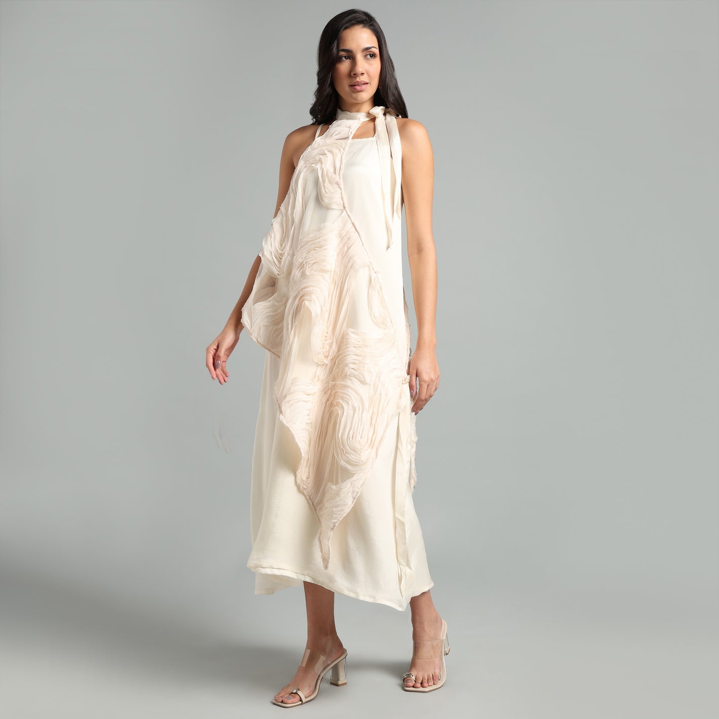 Asymmetrical Maxi Dress with Floral Design Cape
