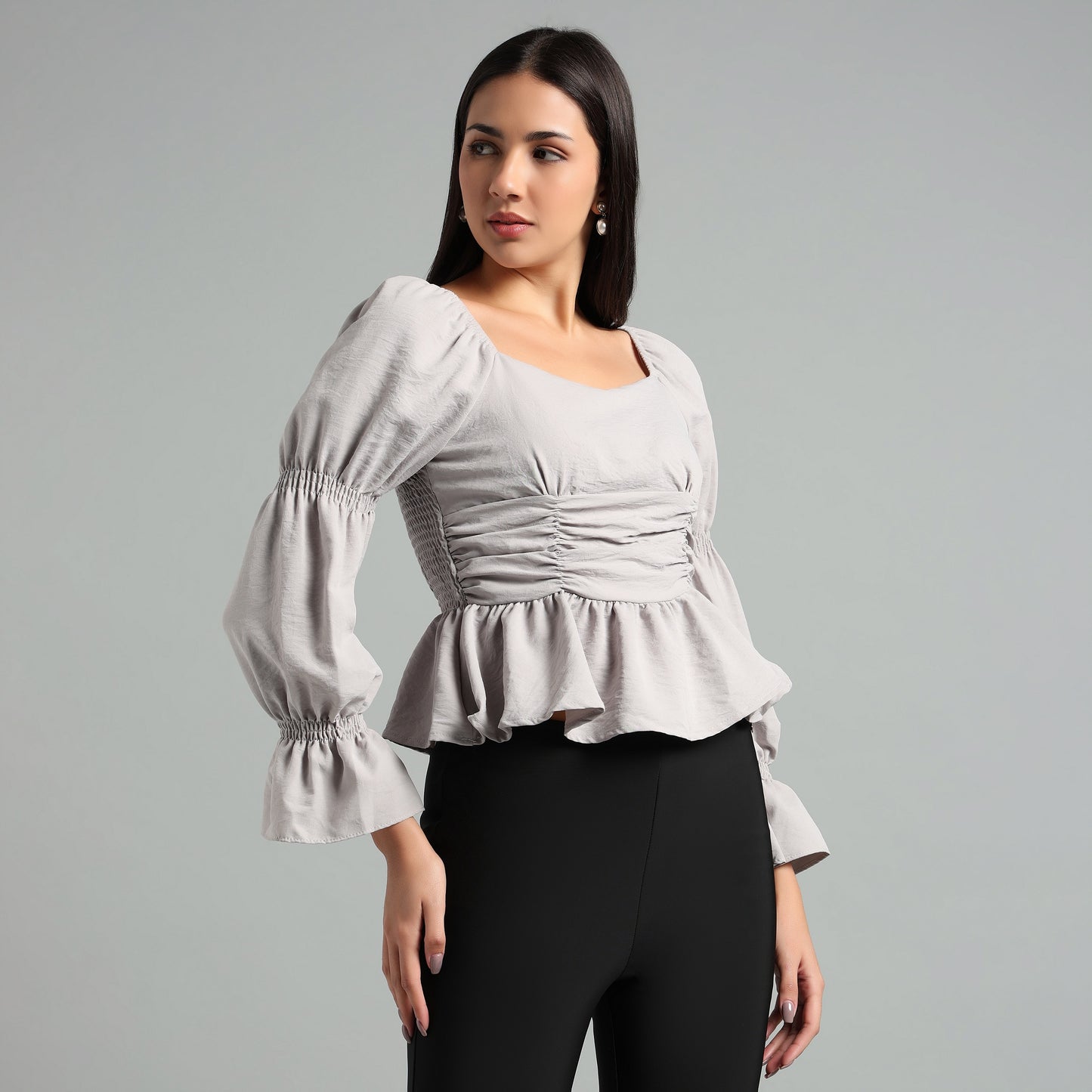 Chic Grey Square Neck Peplum Top
