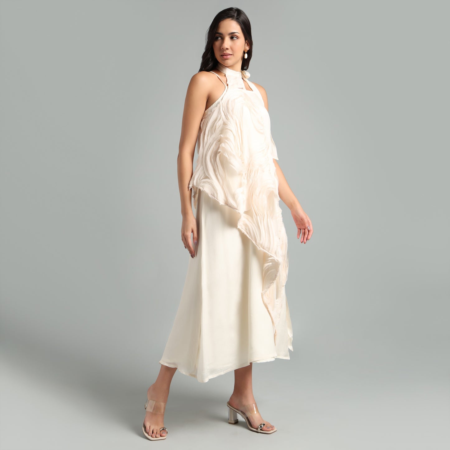 Asymmetrical Maxi Dress with Floral Design Cape