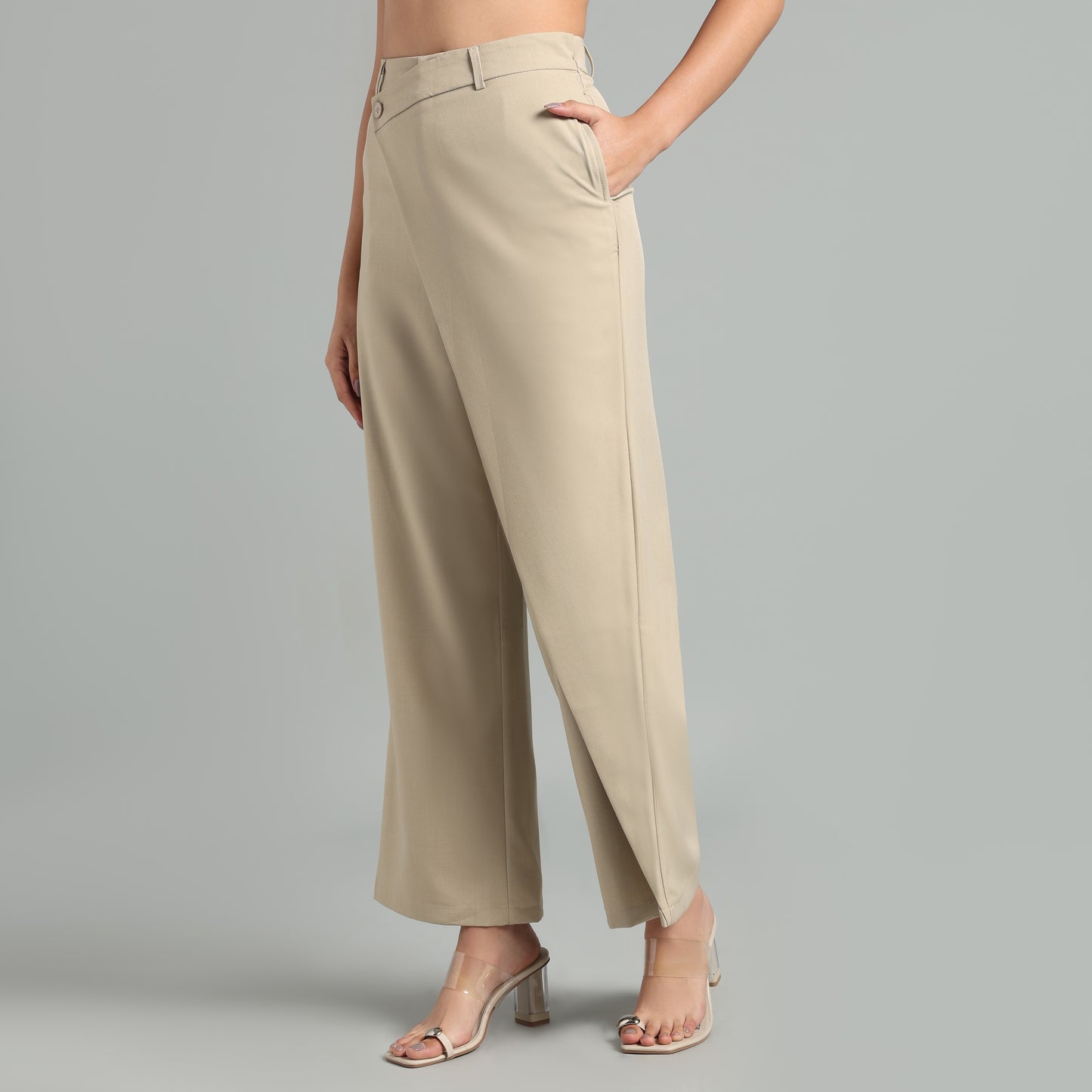 High-Waisted Beige Asymmetrical Skirt Detail Trousers