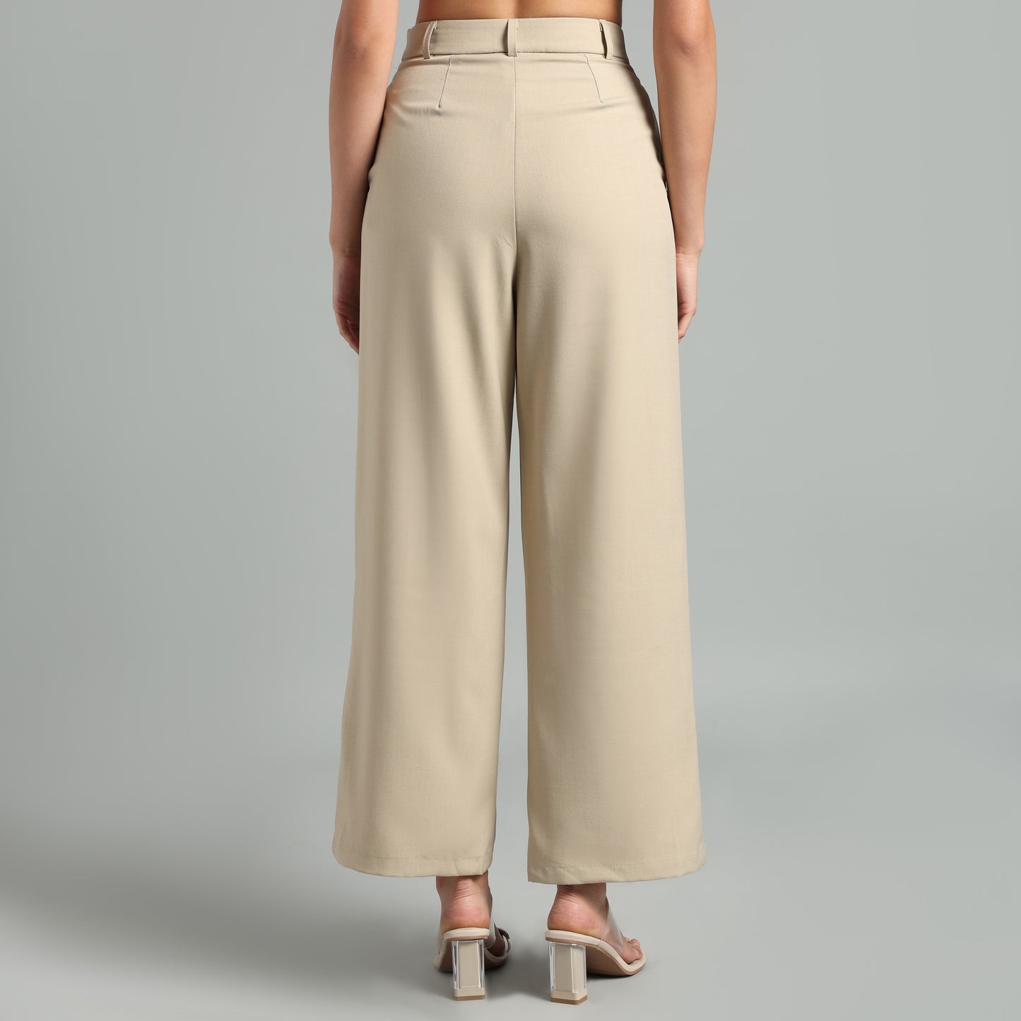 High-Waisted Beige Asymmetrical Skirt Detail Trousers