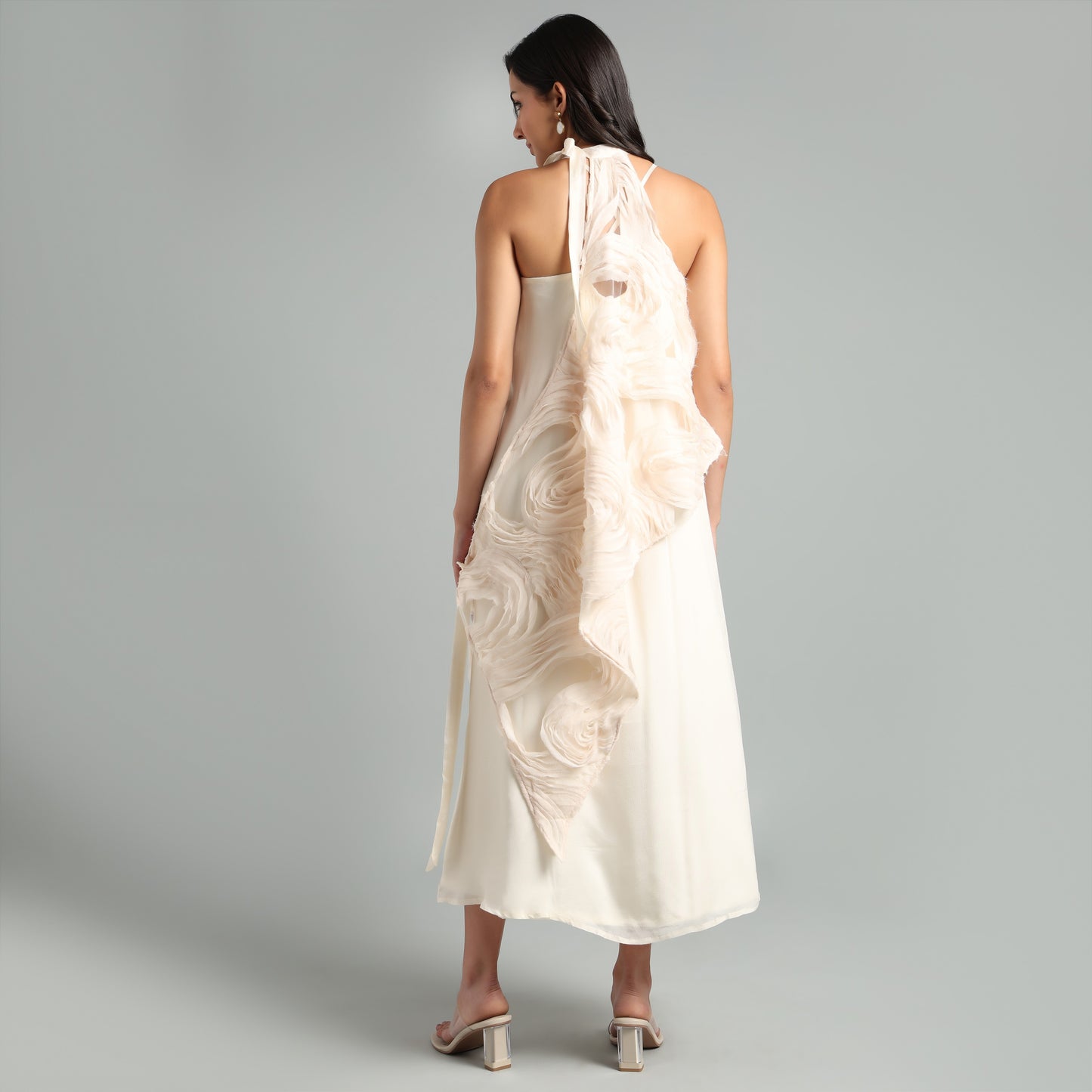Asymmetrical Maxi Dress with Floral Design Cape