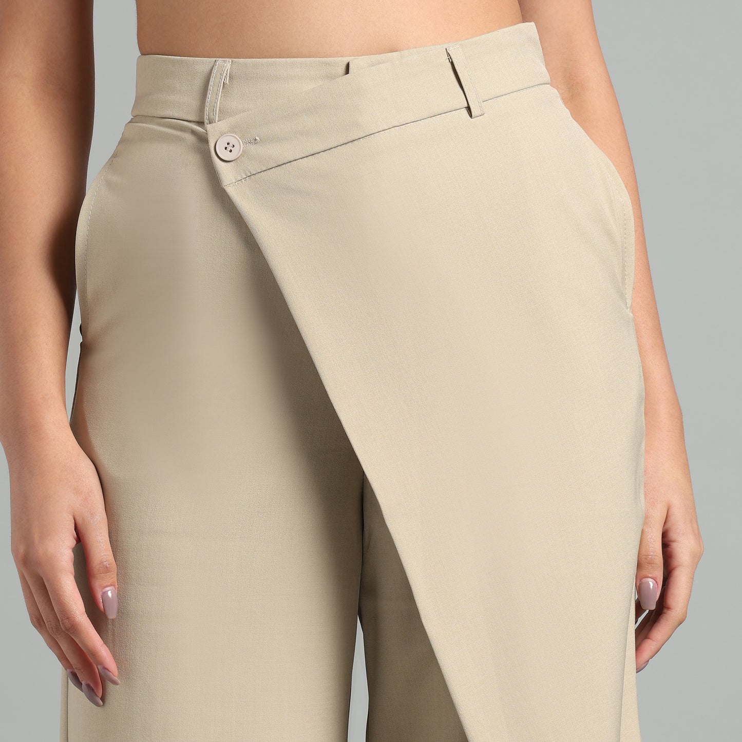 High-Waisted Beige Asymmetrical Skirt Detail Trousers