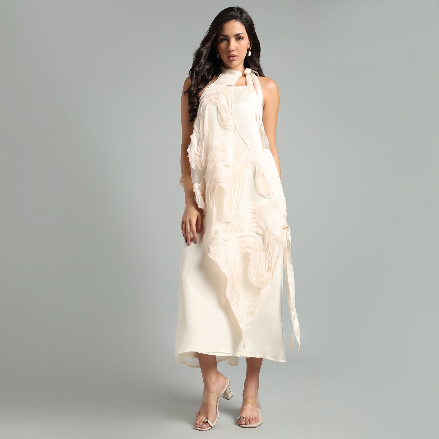 Asymmetrical Maxi Dress with Floral Design Cape