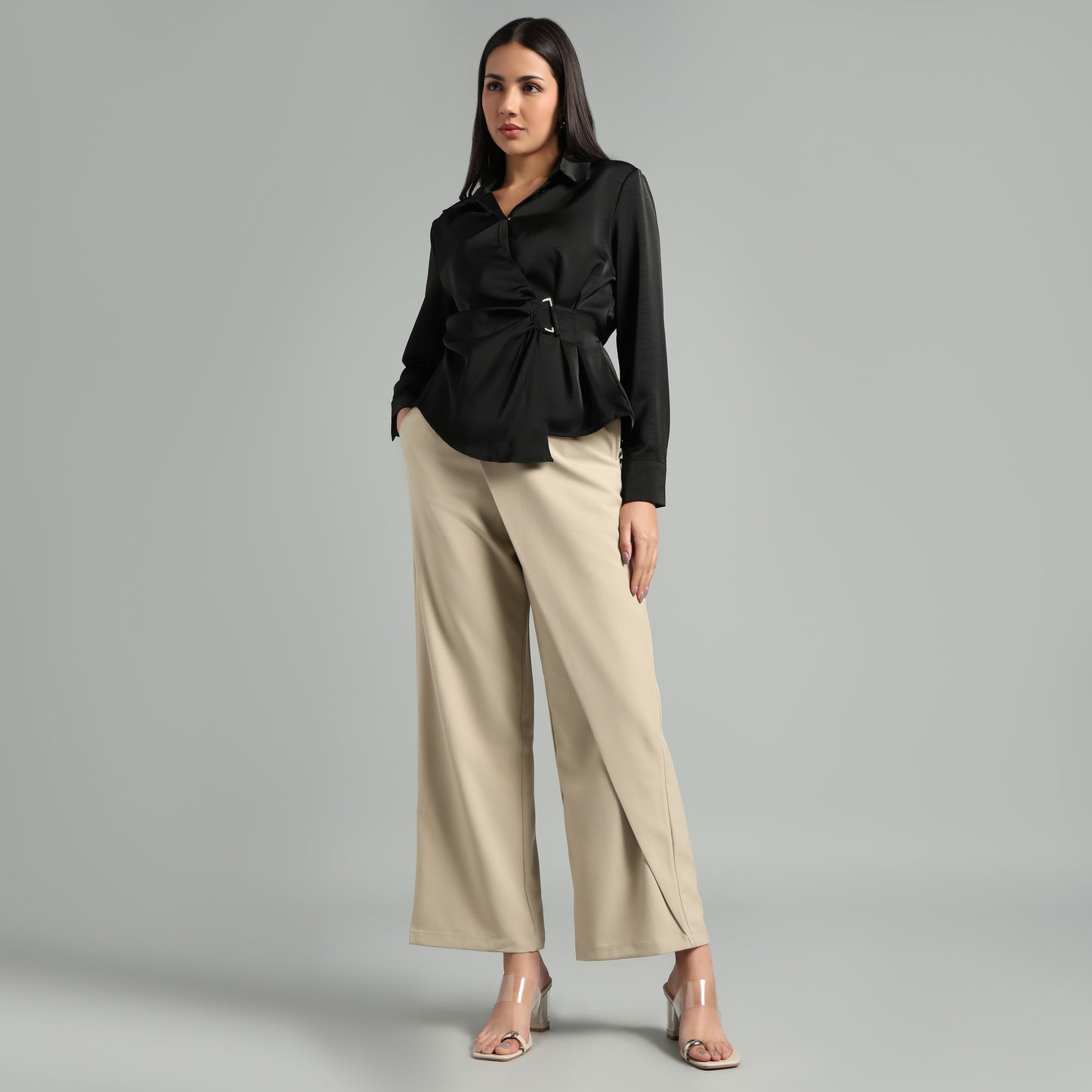 High-Waisted Beige Asymmetrical Skirt Detail Trousers